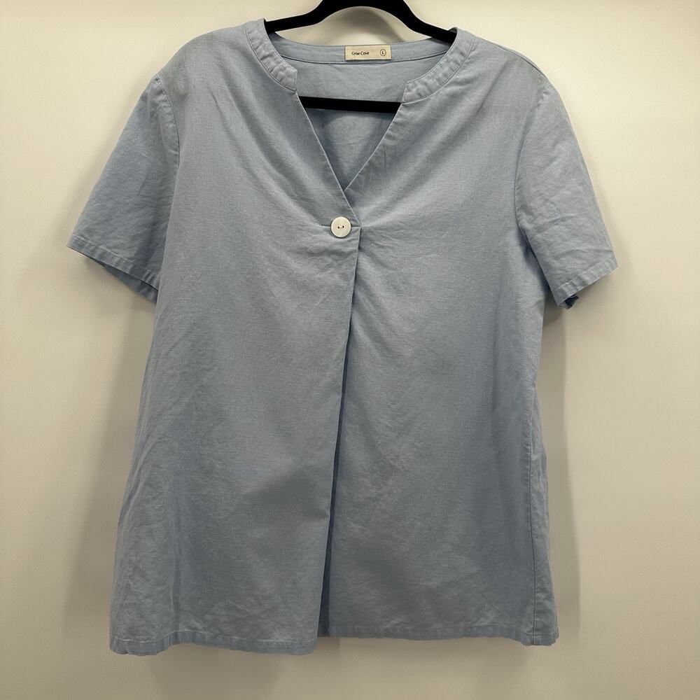 Grae Cove Top Womens Large Blue Linen Minimalist Boxy Beach Breathable